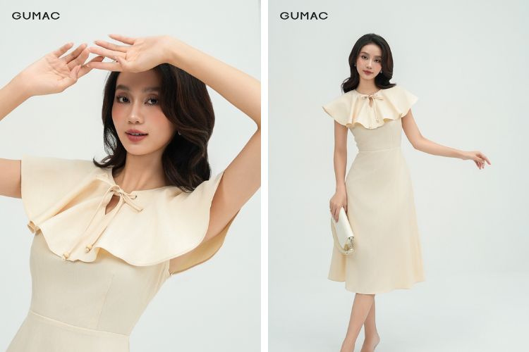 Đầm cổ bèo thắt dây điệu đà Đầm cổ bèo thắt dây điệu đà