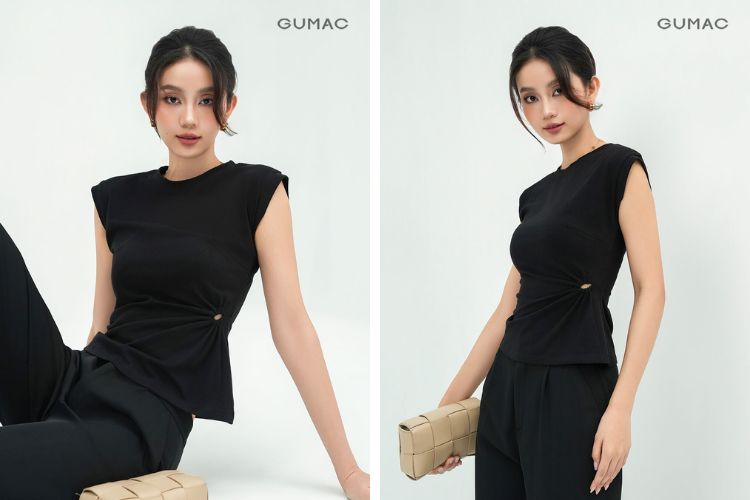Áo thun xoắn eo mix cùng quần ống đứng Áo thun xoắn eo mix cùng quần ống đứng