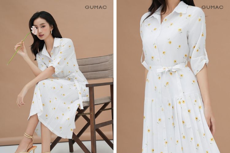 Váy sơ mi dập ly họa tiết hoa Váy sơ mi dập ly họa tiết hoa