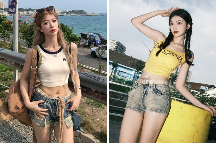 ao t-shirt ba lo nu mix cung voi quan short nang dong