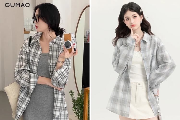 ao so mi nu mau xam ke caro