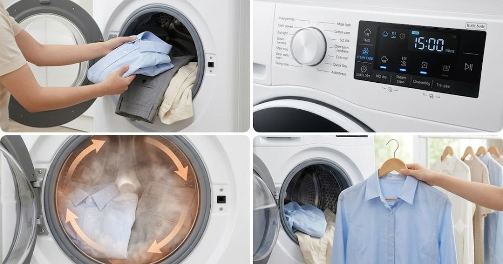 Chế độ sấy nhanh kết hợp hơi nước giúp xử lý quần áo nhàu nhĩ một cách hoàn toàn tự động