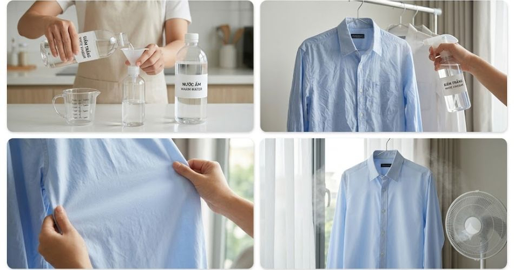 Dung dịch giấm trắng pha loãng làm mềm các thớ vải và xóa mờ nếp nhăn nhanh chóng