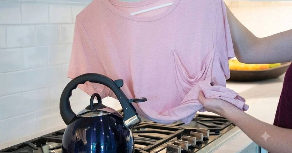 Luồng hơi nước nóng bốc ra từ vòi ấm làm mềm sợi vải và xóa nếp gấp tức thì