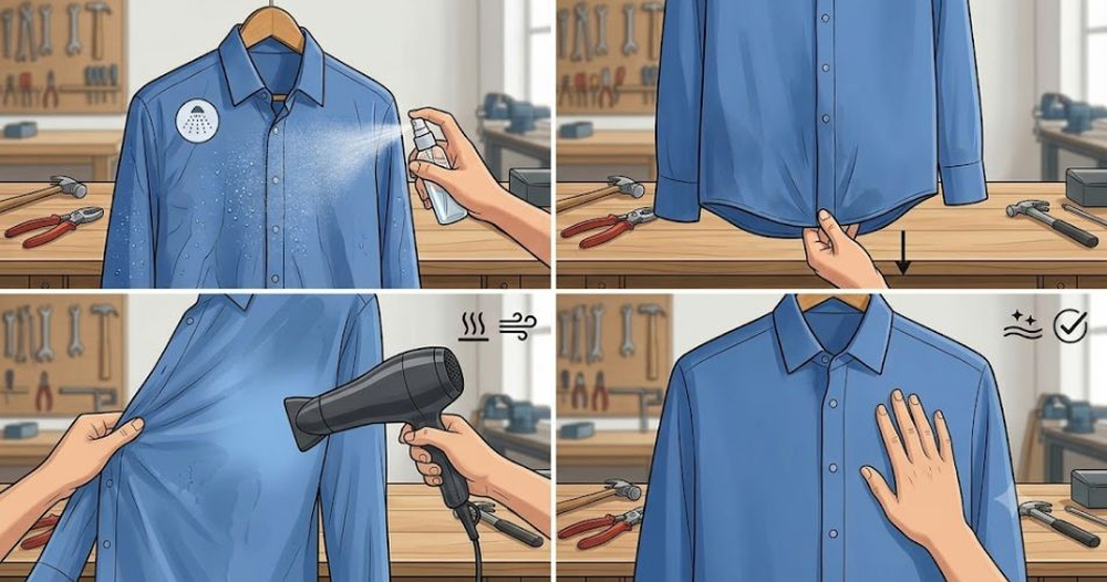 Nhiệt độ và luồng gió từ máy sấy tóc giúp sợi vải ẩm nhanh chóng giãn phẳng phiu