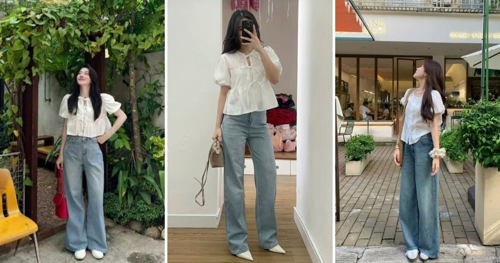 Quần jeans phối sơ mi tay bồng duy trì ranh giới lịch sự cho ngày cuối tuần