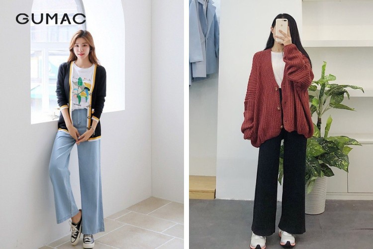 Áo khoác Cardigan dài phối quần ống rộng