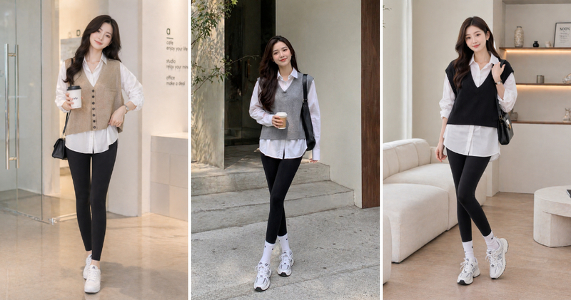 Áo gile form rộng kết hợp cùng áo sơ mi form rộng bên trong và quần skinny năng động, linh hoạt.