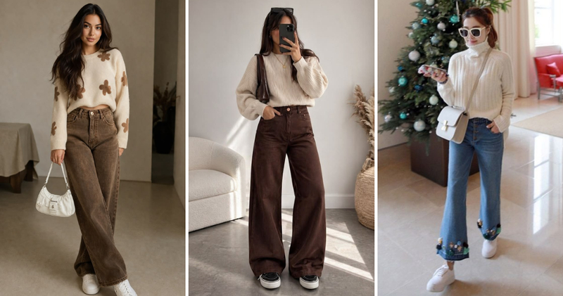 Áo len phối với quần ống rộng phong cách lazy chic.