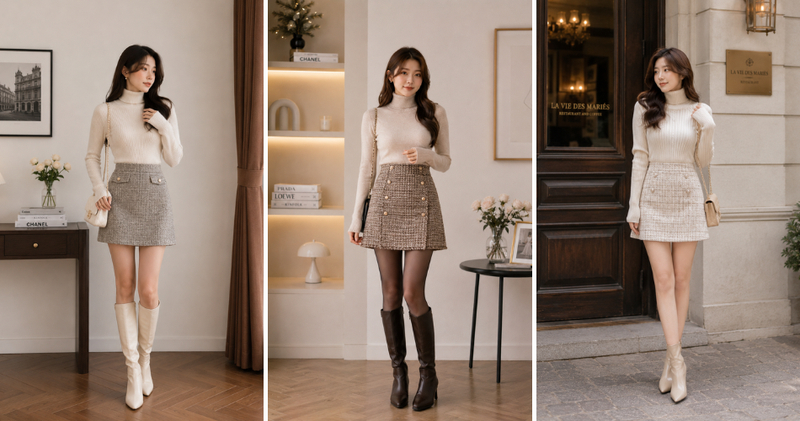 Một chiếc áo len cổ lọ ôm sát đi cùng chân váy dạ tweed tạo nên phong cách tiểu thư đài các, sang trọng.