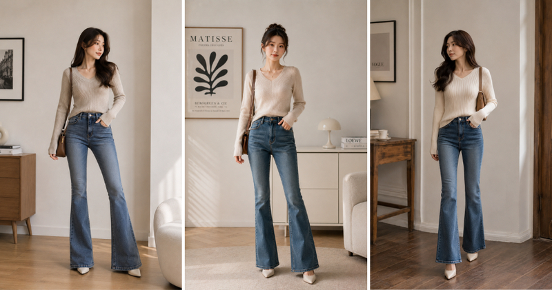 Quần ống loe phối cùng áo len ôm mang lại vẻ ngoài vô cùng sành điệu, đậm chất Y2K và Retro.