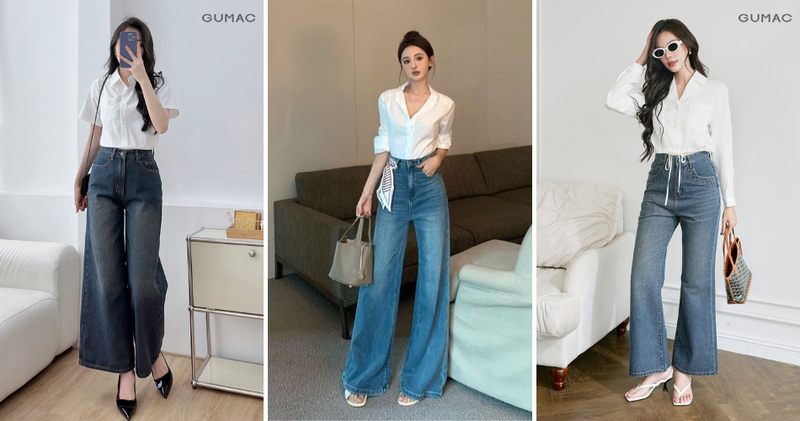 Cách phối áo sơ mi trắng form rộng với jeans ống suông mang lại sự thoải mái tuyệt đối.