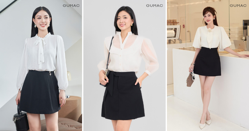 Cách phối áo sơ mi kiểu màu trắng form rộng và chân váy chữ A là combo kinh điển mang lại vẻ trẻ trung, năng động.