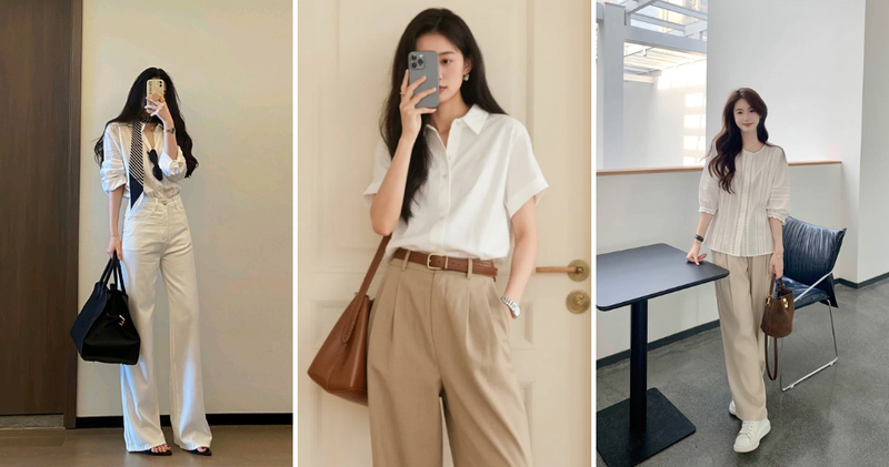 Phối cùng quần âu, quần vải ống suông diện cùng áo sơ mi trắng dáng rộng đơn giản, thanh lịch.