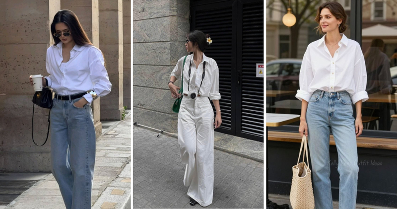 Sự kết hợp giữa sơ mi trắng form rộng và quần jeans ống suông mang đậm hơi thở Lazy but Chic của các cô nàng thời trang Hàn Quốc.