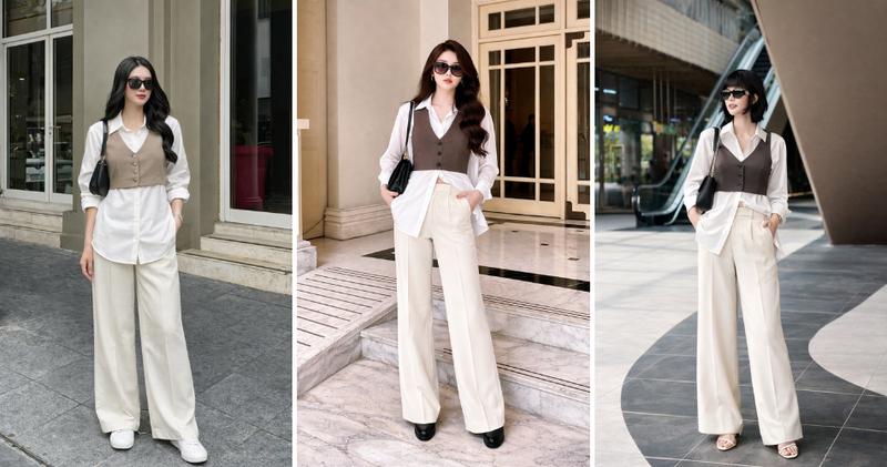 Chọn gile len croptop phối cùng sơ mi dáng rộng và quần ống rộng cạp cao để tăng hiệu ứng tôn eo, kéo dài đôi chân.