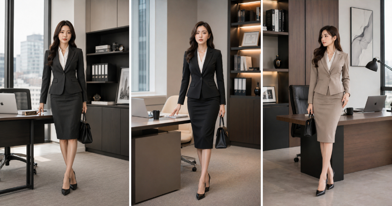 Áo vest chiết eo phối chân váy bút chì quyền lực, chuyên nghiệp.