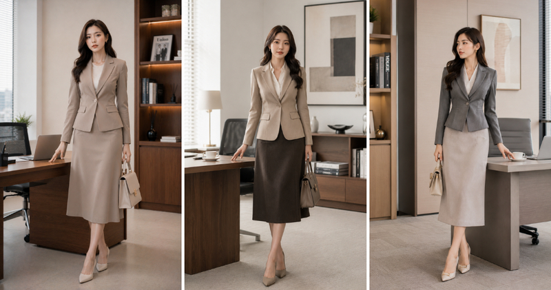 Áo vest chiết eo phối chân váy dáng suông gọn gàng, thoải mái.