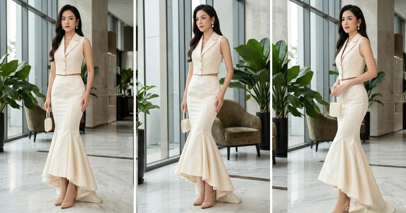Áo vest dáng lửng phối chân váy đuôi cá kiêu kỳ, điệu đà.