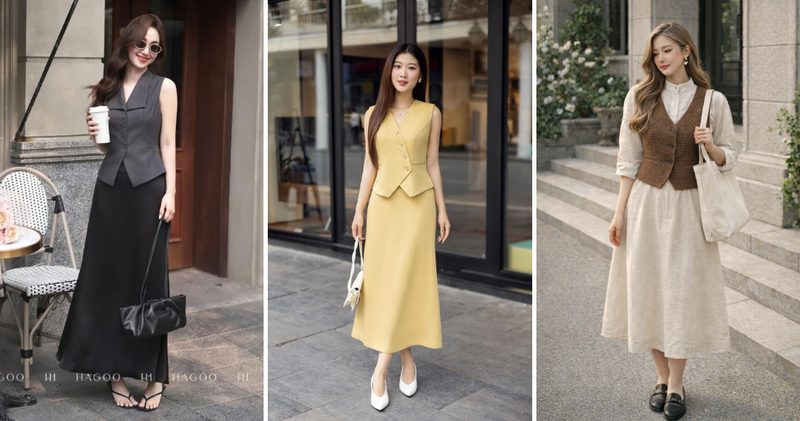 Áo vest dáng suông phối chân váy midi cổ điển, điềm đạm.