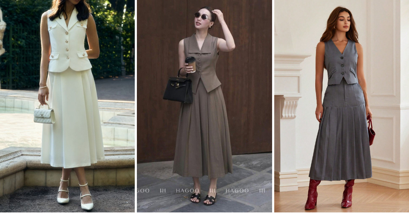 Áo vest gile phối chân váy xếp ly dáng dài vintage, nhã nhặn