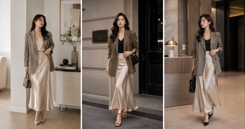 Áo vest oversize phối chân váy lụa sang trọng, quyến rũ.