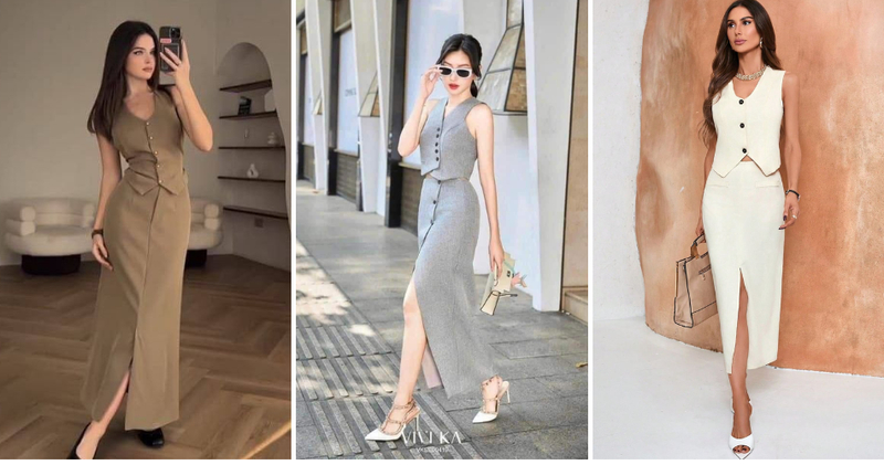 Phối áo vest với chân váy theo set đồng bộ mang lại sự chuyên nghiệp và không bao giờ lo lỗi mốt.