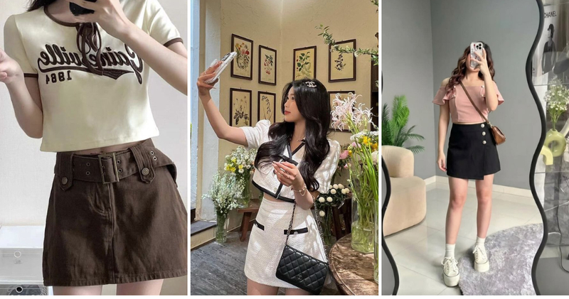 Cách phối đồ cho nữ lùn với croptop phối chân váy cạp cao.