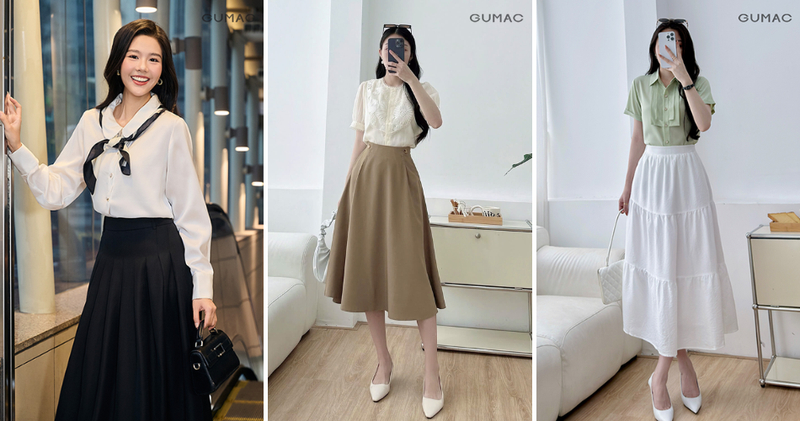 Cách phối đồ đẹp cho nữ lùn với chân váy dài xòe cạp cao.