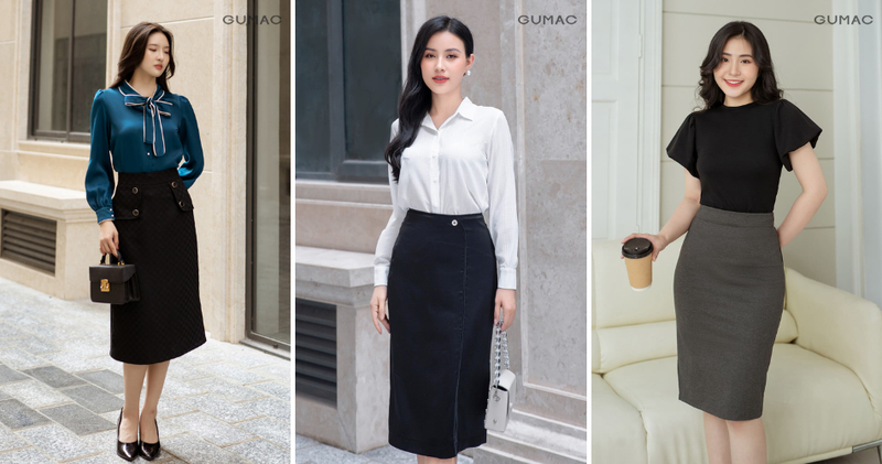 Cách phối đồ đẹp cho nữ lùn với chân váy bút chì lưng cao.
