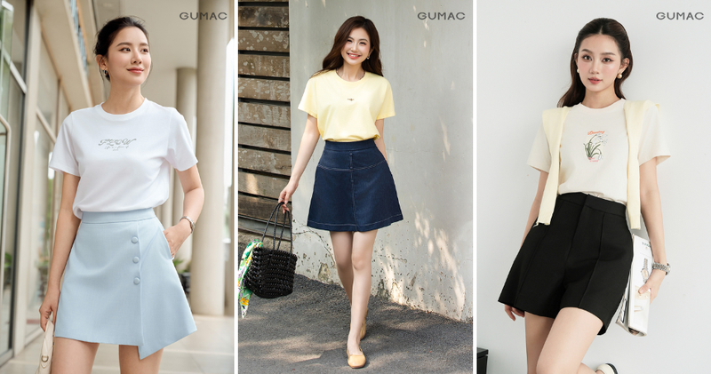 Chân váy chữ A dáng ngắn mix áo thun đơn giản, dễ phối.