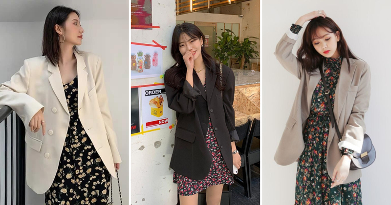 Đầm hoa nhí dáng ngắn kết hợp cùng áo blazer mang lại vẻ đẹp ngọt ngào, tinh tế.