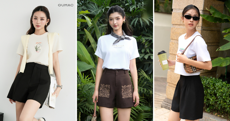 Phối áo thun với quần short ngắn hoặc biker short giúp tổng thể trông thanh thoát hơn.