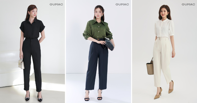 Quần tây ống đứng phối cùng áo sơ mi.