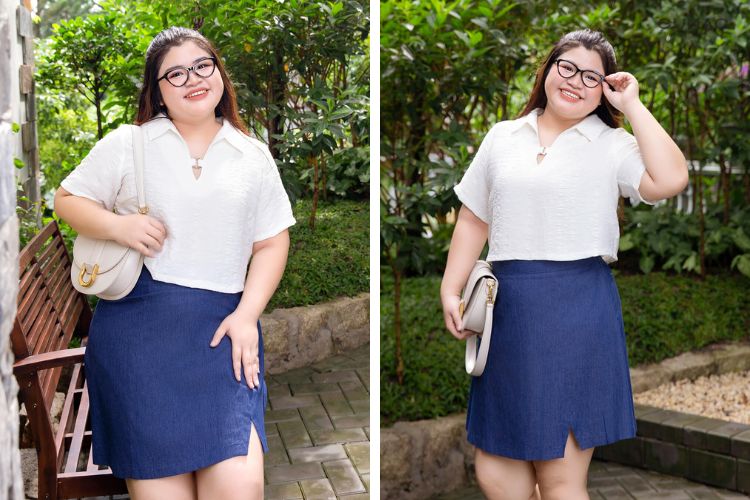 Cách phối đồ nữ béo với váy mini và áo phông chữ V