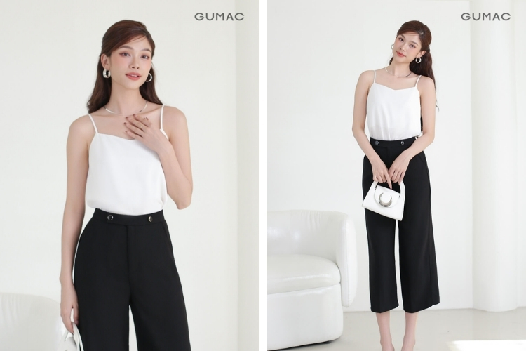 Mix đồ mùa hè cá tính với áo hai dây và quần ống rộng