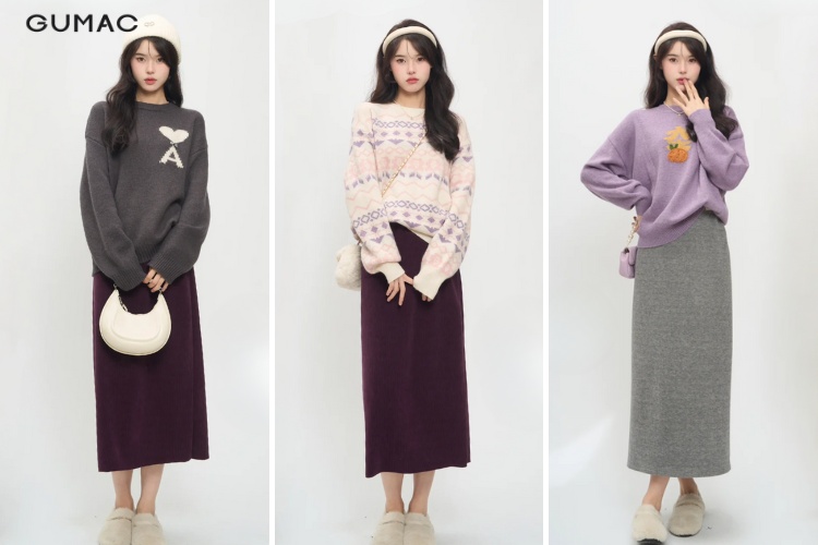 Mix chân váy dài với áo len