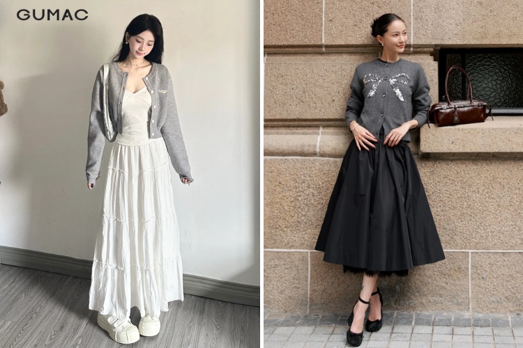 Chân váy kiểu xòe dài phối áo cardigan