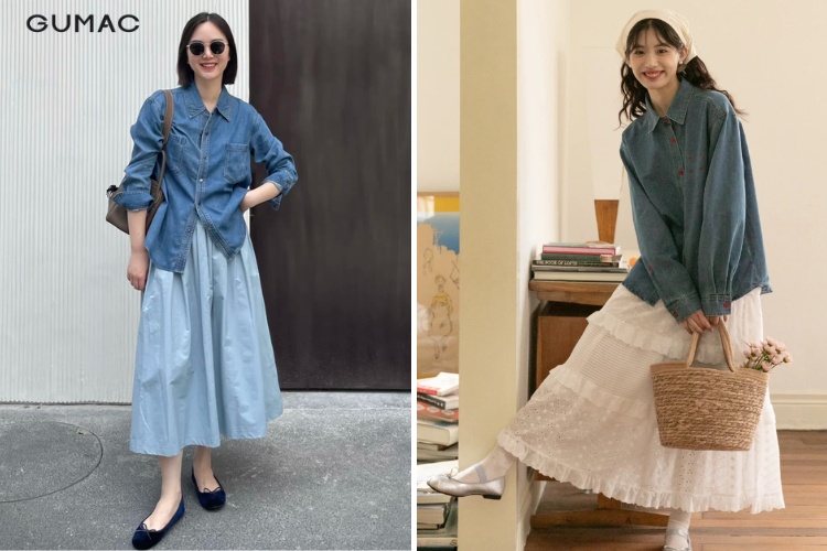Phối chân váy xòe dài cùng denim