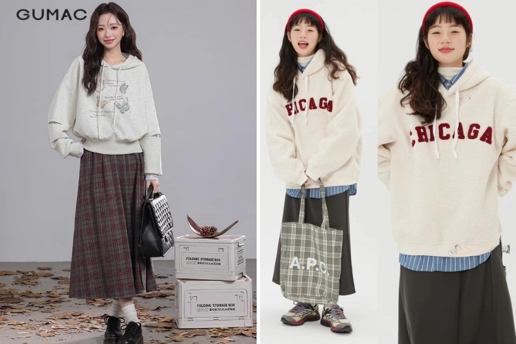 Phối đồ chân váy xòe dáng dài cùng áo hoodie