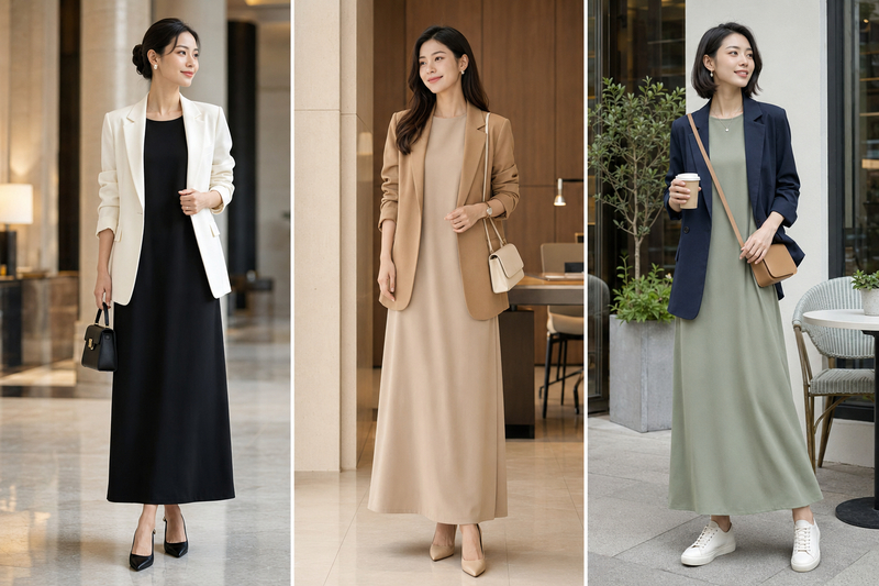 Áo blazer mix váy suông dài trơn