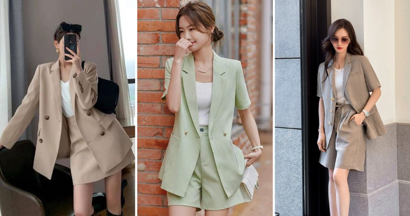 Áo blazer phối cùng áo hai dây khoe xương quai xanh