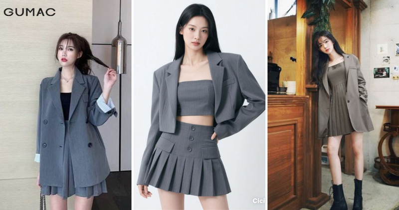 Áo blazer nữ mix chân váy tennis và giày thể thao
