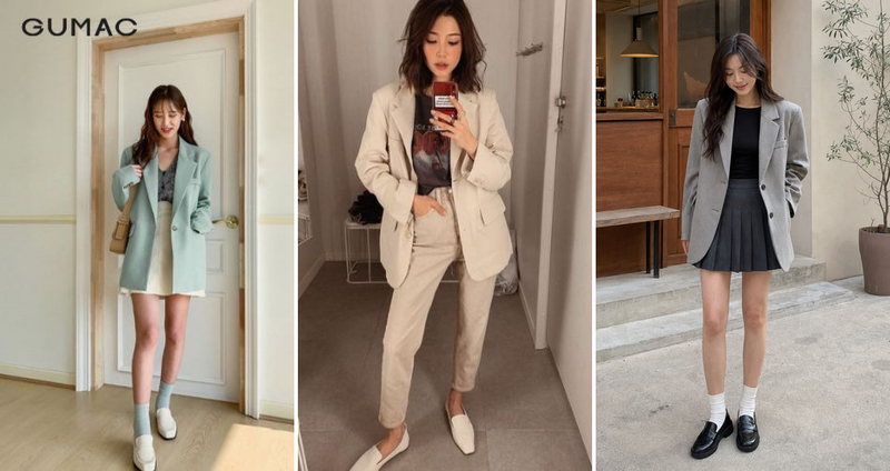 Áo blazer nữ phối giày lười phóng khoáng