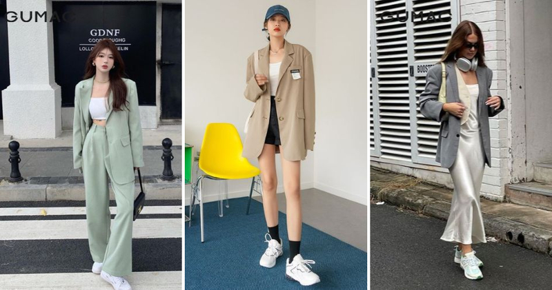 Áo blazer nữ đi giày thể thao năng động