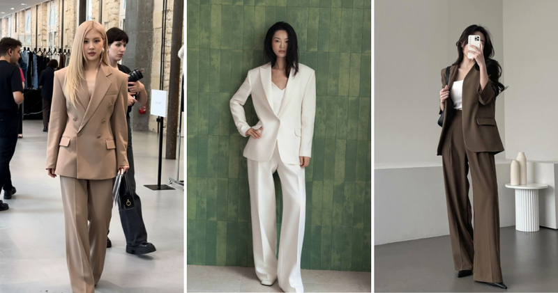 Áo blazer nữ phối quần tây ống rộng đi làm