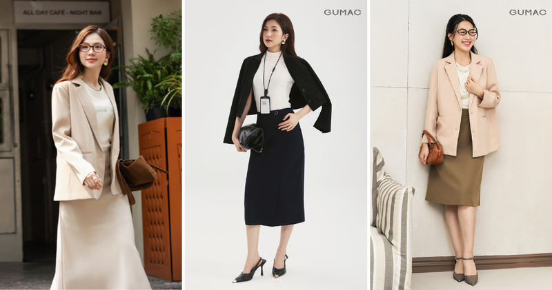 Áo blazer nữ mix chân váy dài thanh lịch