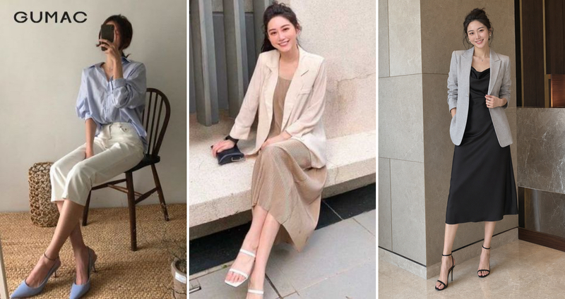 Áo blazer phối sandals cao gót, quần tây và sơ mi