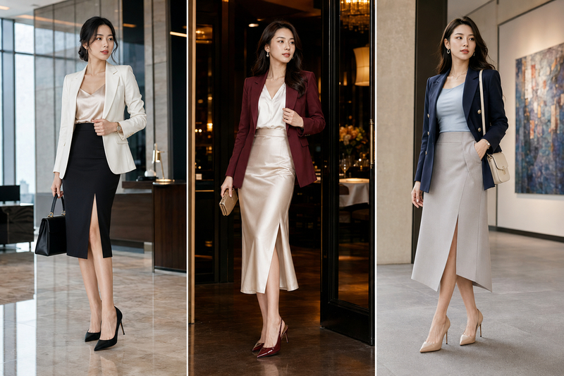 Áo blazer phối chân váy xẻ tà sang trọng