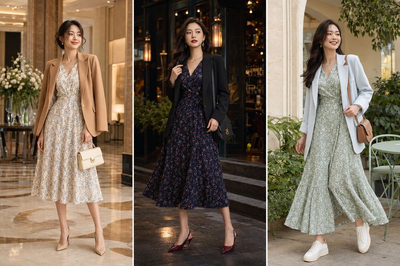 Áo blazer nữ khoác ngoài váy hoa nhí
